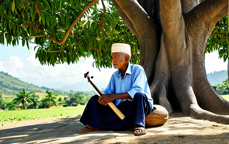 A wise-looking elderly East Timorese man, fully clothed in modest, traditional attire, is gently playing a Turina, a small, handcrafted stringed instrument. He is seated on a simple wooden stool under the sprawling branches of an ancient mango tree in a serene, sun-dappled traditional village. The scene captures a moment of cultural heritage and musical tradition, with soft, natural lighting. Perfect anatomy, correct proportions, natural pose, well-formed hands, proper finger count, natural body proportions. Safe for work, appropriate content, fully clothed, family-friendly.