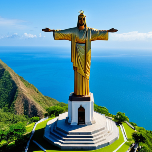 Cristo Rei - Majestic Overview**

"A majestic view of the Cristo Rei statue in Dili, East Timor, standing atop a mountain overlooking the ocean. The statue is made of copper and shines in the sunlight. Lush green scenery surrounds the statue. Fully clothed tourists are observing the monument. Safe for work, appropriate content, professional photography, perfect anatomy, natural proportions, family-friendly, clear sky, daytime."

**