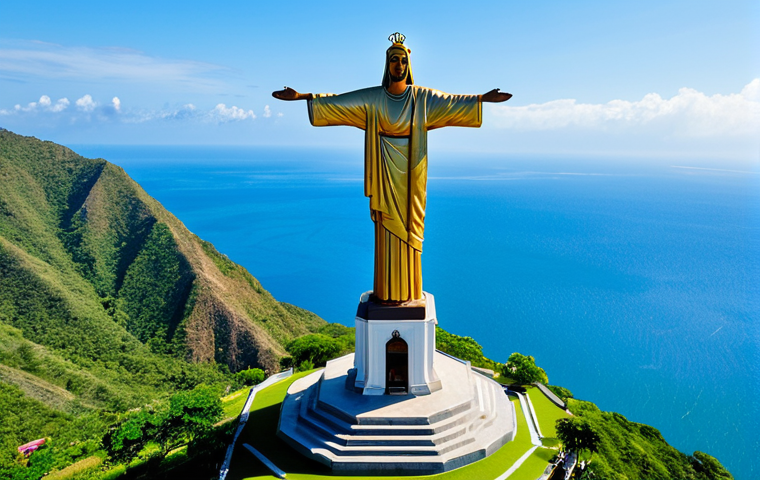 Cristo Rei - Majestic Overview**

"A majestic view of the Cristo Rei statue in Dili, East Timor, standing atop a mountain overlooking the ocean. The statue is made of copper and shines in the sunlight. Lush green scenery surrounds the statue. Fully clothed tourists are observing the monument. Safe for work, appropriate content, professional photography, perfect anatomy, natural proportions, family-friendly, clear sky, daytime."

**