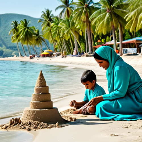 **

"A family-friendly scene on Dili Beach. A fully clothed mother in a modest abaya watches her children building a sandcastle. Clear turquoise water, palm trees in the background. Safe for work, appropriate content, perfect anatomy, natural pose, professional photography, high quality, family-friendly."

**