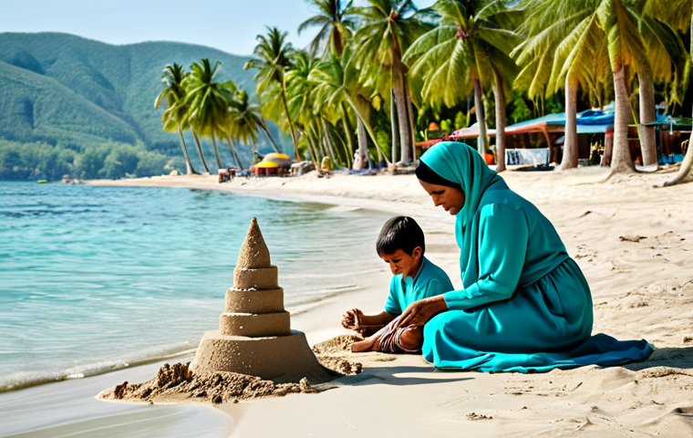 **

"A family-friendly scene on Dili Beach. A fully clothed mother in a modest abaya watches her children building a sandcastle. Clear turquoise water, palm trees in the background. Safe for work, appropriate content, perfect anatomy, natural pose, professional photography, high quality, family-friendly."

**