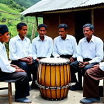 Sacred Drums**

"Timorese villagers gathered around a large Tebete drum in a mountain village, fully clothed in traditional attire, playing music, safe for work, appropriate content, perfect anatomy, natural proportions, professional photography, high quality, modest clothing, family-friendly."

**