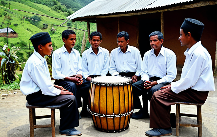 Sacred Drums**

"Timorese villagers gathered around a large Tebete drum in a mountain village, fully clothed in traditional attire, playing music, safe for work, appropriate content, perfect anatomy, natural proportions, professional photography, high quality, modest clothing, family-friendly."

**
