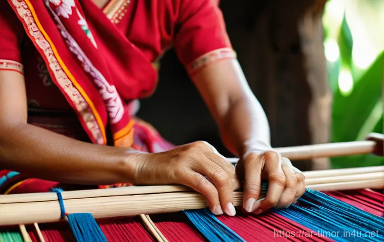 동티모르 부족 문화 - **A close-up, highly detailed shot of a Timorese woman, gracefully seated and meticulously weaving a...