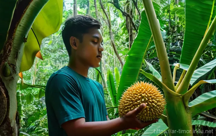 동티모르의 대표 과일 - **"A vibrant, wide-angle shot of a person, mid-20s, with a genuinely amazed expression, gently touch...