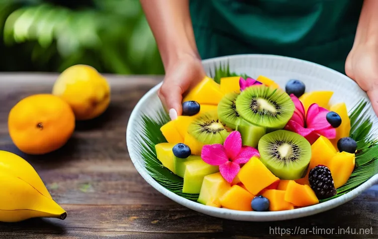동티모르의 대표 과일 - **"A bustling, colorful local market scene in East Timor, filled with an abundance of fresh, ripe tr...
