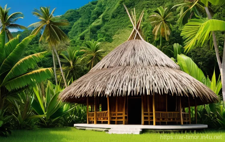 동티모르 전통 가옥 - **Prompt:** A majestic traditional East Timorese "Uma Lulik" (sacred house) stands proudly amidst a ...