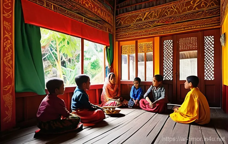 동티모르 전통 가옥 - **Prompt:** A majestic traditional East Timorese "Uma Lulik" (sacred house) stands proudly amidst a ...