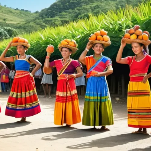 동티모르 전통 춤 - **Prompt 1: Vibrant Harvest Celebration Dance**
    "A captivating image of a group of East Timorese...