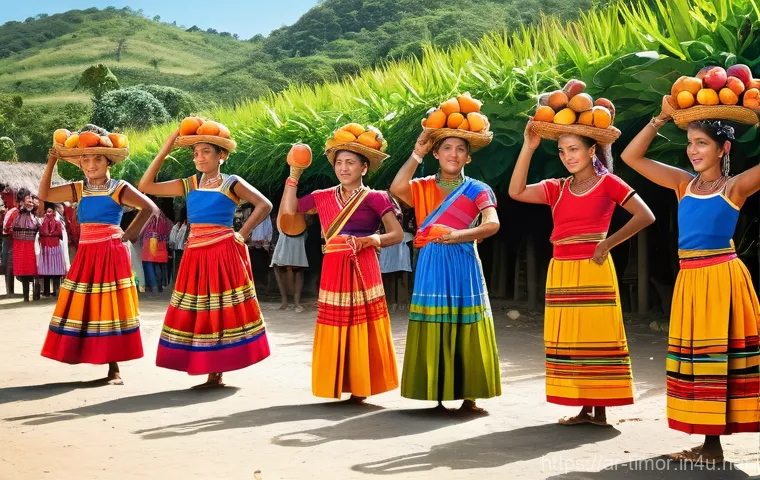 동티모르 전통 춤 - **Prompt 1: Vibrant Harvest Celebration Dance**
    "A captivating image of a group of East Timorese...