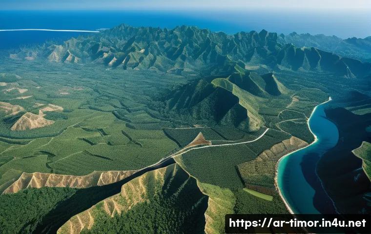 동티모르 국경 분쟁 - A detailed aerial view of the East Timor border region featuring rugged terrain with natural resourc...