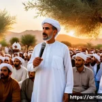 동티모르의 첫 대통령 - A dignified Arab male leader addressing a diverse crowd in a traditional village setting during the ...