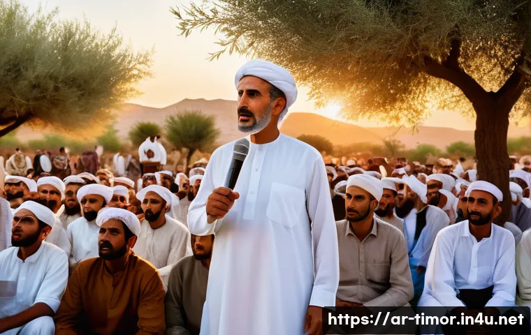 동티모르의 첫 대통령 - A dignified Arab male leader addressing a diverse crowd in a traditional village setting during the ...