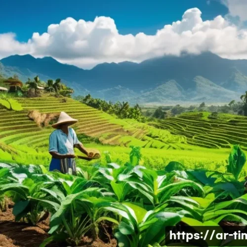 동티모르 경제 성장률 - A vibrant scene of East Timorese rural farmers working together in a cooperative field, using modern...