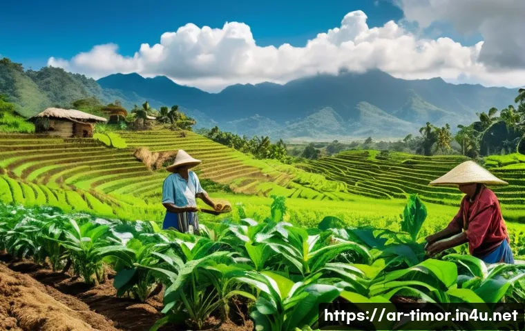 동티모르 경제 성장률 - A vibrant scene of East Timorese rural farmers working together in a cooperative field, using modern...