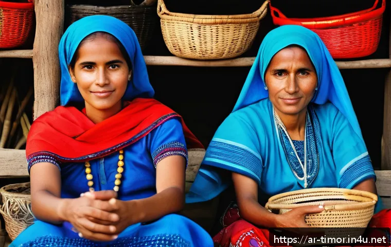 동티모르 민속 예술 - A vibrant scene depicting East Timorese women in traditional embroidered clothing, sitting together ...