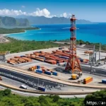 동티모르와 미국의 관계 - A vibrant scene depicting a sustainable infrastructure development project in East Timor, featuring ...