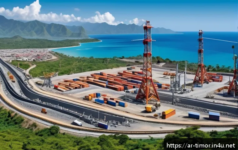 동티모르와 미국의 관계 - A vibrant scene depicting a sustainable infrastructure development project in East Timor, featuring ...