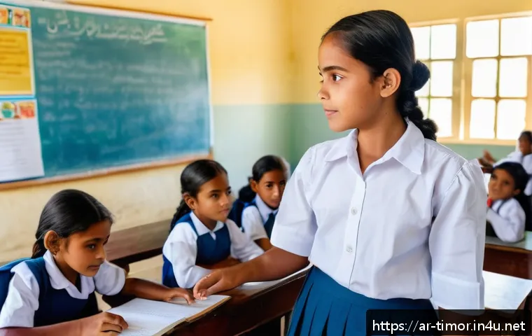 동티모르 국제 기구 활동 - A vibrant classroom scene in East Timor showing a diverse group of children aged 7-12 attentively le...