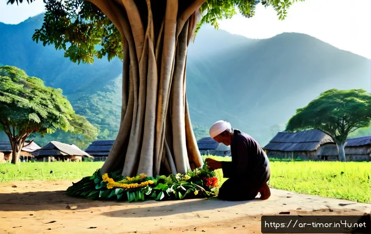 동티모르 민속 신앙 - Photorealistic documentary scene of Timor-Leste folk spiritual tradition, a respected local elder in...