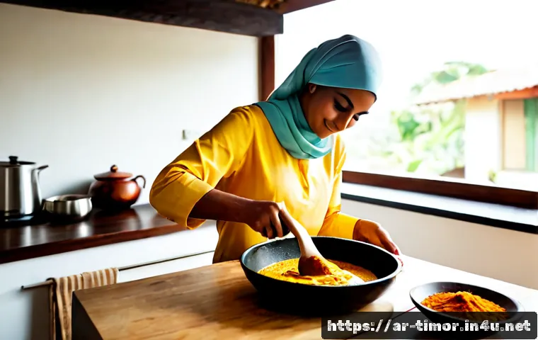 동티모르 요리법 - Photorealistic East Timorese chicken curry preparation in a bright modern home kitchen, a modest Ara...