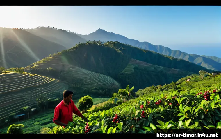 동티모르 농업 주요 품목 - Photorealistic wide view of Timor-Leste highland coffee agriculture, ripe red coffee cherries growin...