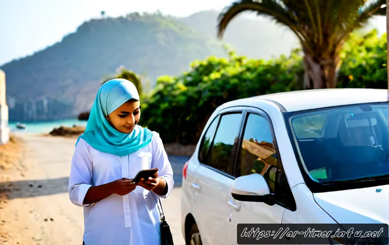 동티모르 여행 시 주의사항 - Photorealistic travel safety scene in Dili, Timor-Leste: a modest Arab female traveler wearing a lig...